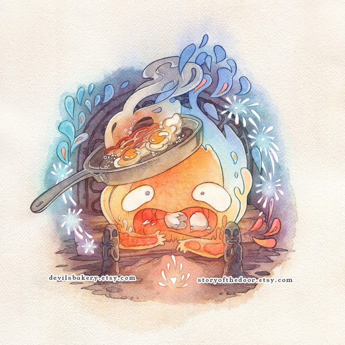 May all your bacon burn! Calcifer from Howl's Moving Castle is printed as a square 11x11 poster. The original painting is watercolor and the texture is nicely visible in the print.
