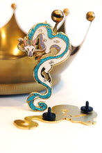 Load image into Gallery viewer, Haku from Spirited Away in enamel pin form! He is cast in gold metal with teal glitter in his mane and tail.