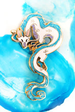 Load image into Gallery viewer, Haku from Spirited Away in enamel pin form! He is cast in gold metal with teal glitter in his mane and tail.