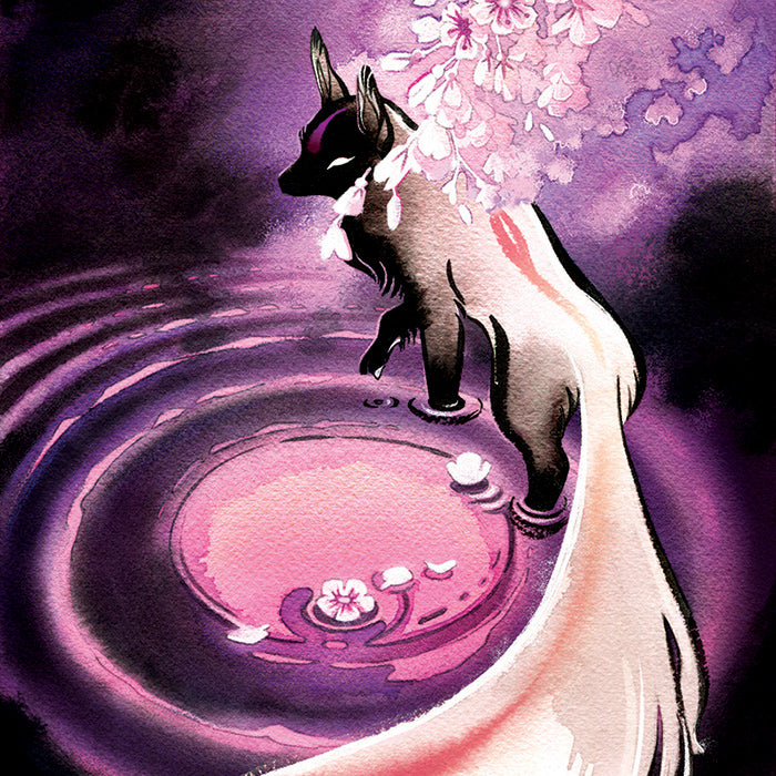 Rose Moon Fox Kitsune Okami 8 x 24 Poster with Red Foil