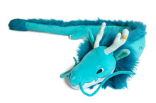 Load image into Gallery viewer, Blue plush toy dragon with antlers on a white background
