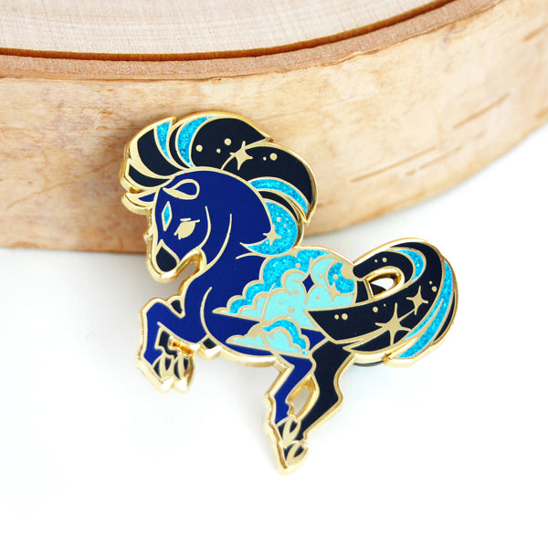 Magical Unicorn Brooch Pin - Glitter Blue Gunmetal Tone Horse Design For Fantasy, Renaissance, Or Fairy Tale Events