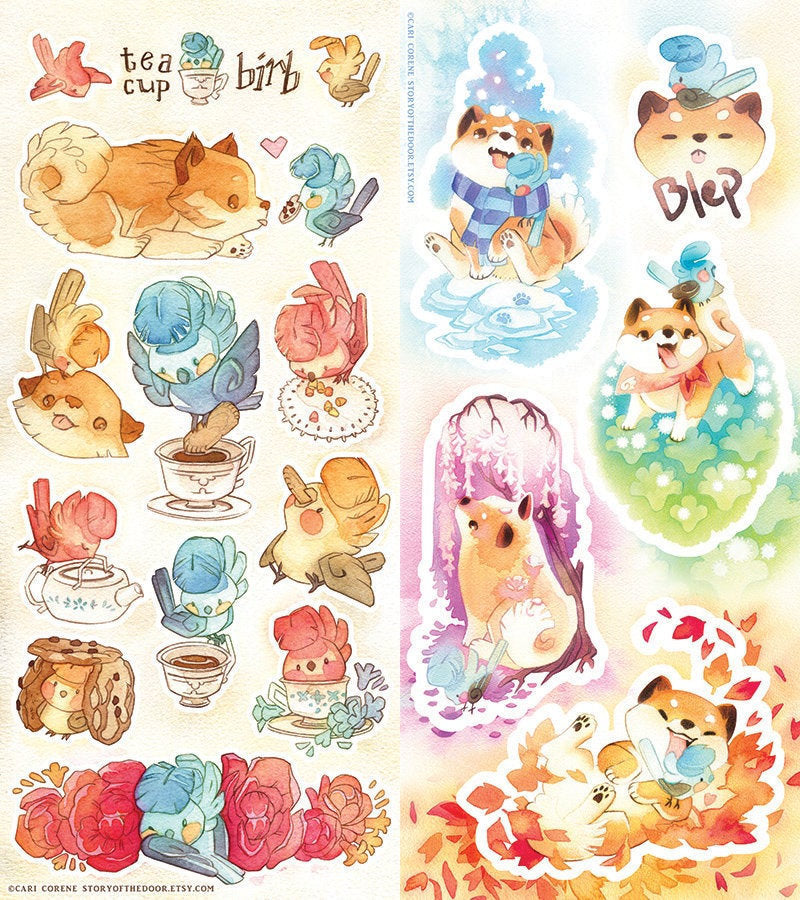 Tea Cup Birb and Blep Sticker Sheets – FloralFrolicFoxes