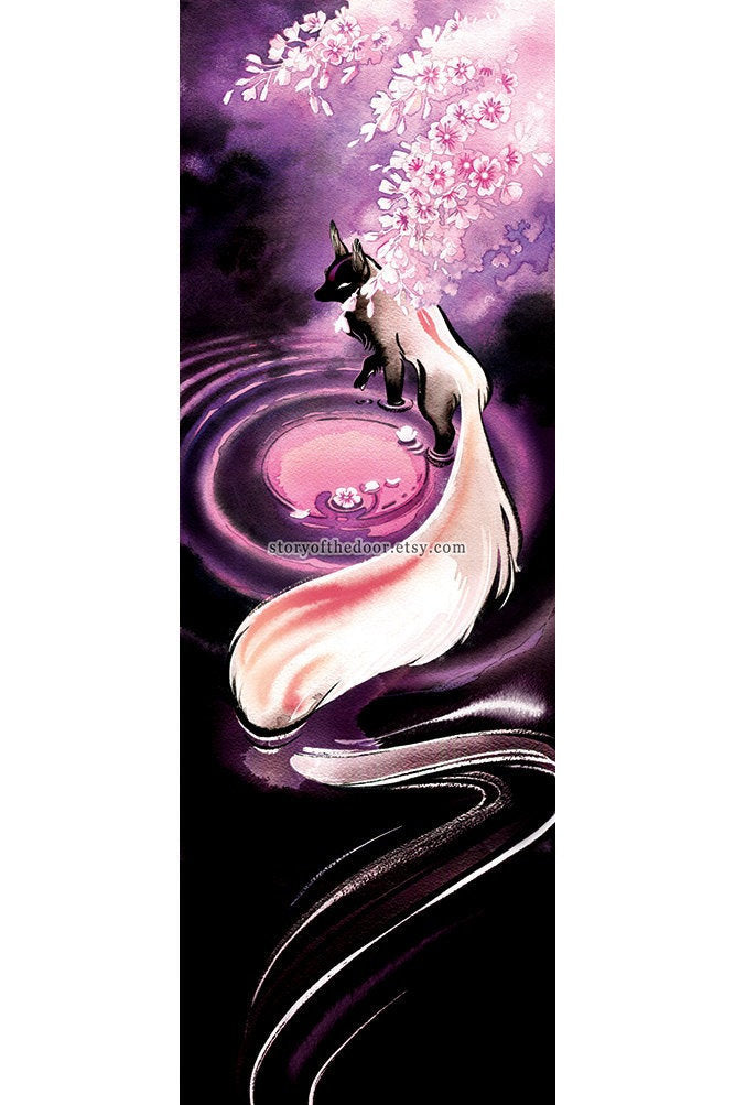 Rose Moon Fox Kitsune Okami 8 x 24 Poster with Red Foil