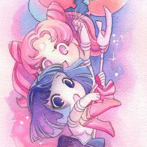 Chibiusa and Sailor Saturn Hotaru 8x24 Watercolor Poster Print