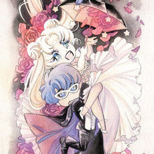 Load image into Gallery viewer, Sailor Moon and Tuxedo Mask Umbrella Wedding 8x24 Watercolor Poster Print
