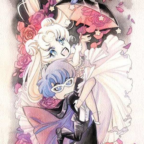 Sailor Moon and Tuxedo Mask Umbrella Wedding 8x24 Watercolor Poster Print